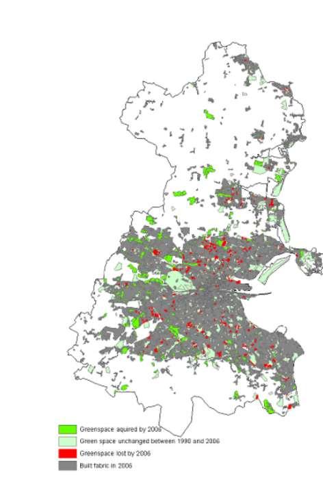 Green space deficits and fragmentation in Dublin Red = loss of green space Green = gains of green space 10% open space requirement as national planning policy