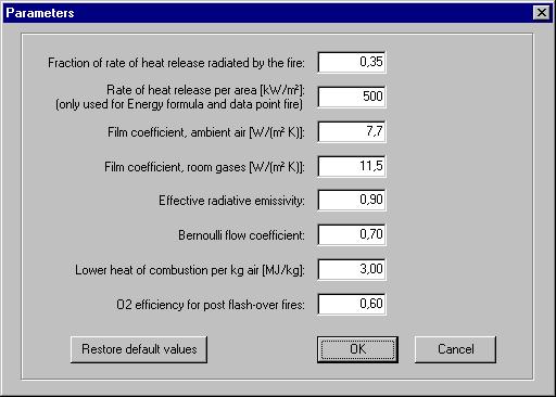 Figure 1.7: Use the Parameters dialog box to set various values that will control how simulations are run. A fire that produces little smoke will have a lower radiation level (about 0.