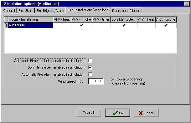 Figure 4.21: Activate the sprinkler system on the Fire Installations/Wind load tab in the Simulation options dialog box. 5. Back in the Simulate fire window, click Start. Figure 4.