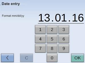 Commissioning Input window for entering the date and time manually Fig. 18: Entering the date The input value is displayed in enlarged font. Touch the enlarged value to select the group of digits.