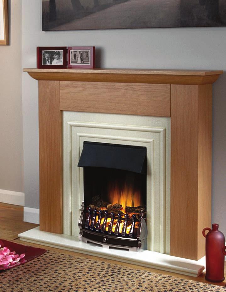 Left: mimosa in oak with stone back panel and hearth Below: mimosa in mahogany with black back panel and hearth