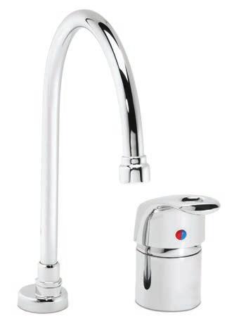 2 GPM aerator COMMANDER HOSPITAL SPOUT 8-inch gooseneck faucet Single lever control Adjustable temperature limit stop Includes stainless steel braided hose Features 0.
