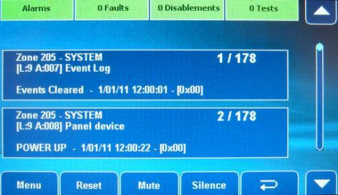 This includes fire, fault and system events. The Show Alarm Log button, when pressed, lists only the panel s alarm log.