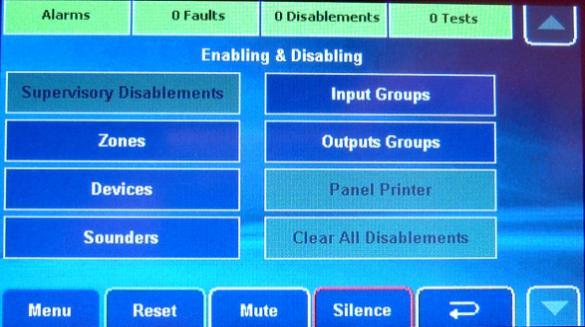 9.7 Disablement Functions This function allows you to enable, or disable, parts of the system including zones, individual devices, sounders, Input Groups, Output Groups and the panel s printer (if