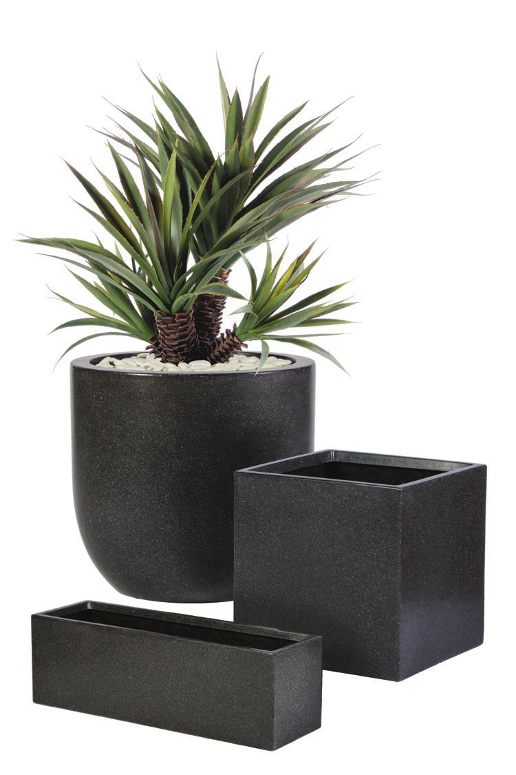TERRAZZO Made with a mixture of natural stone and resin and backed by strong fiberglass, these handsome planters have the