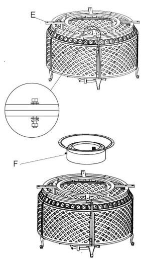 ASSEMBLY 5 5. Attach the Burner Bracket (E) to the fire pit by aligning the holes with the assembled panels.