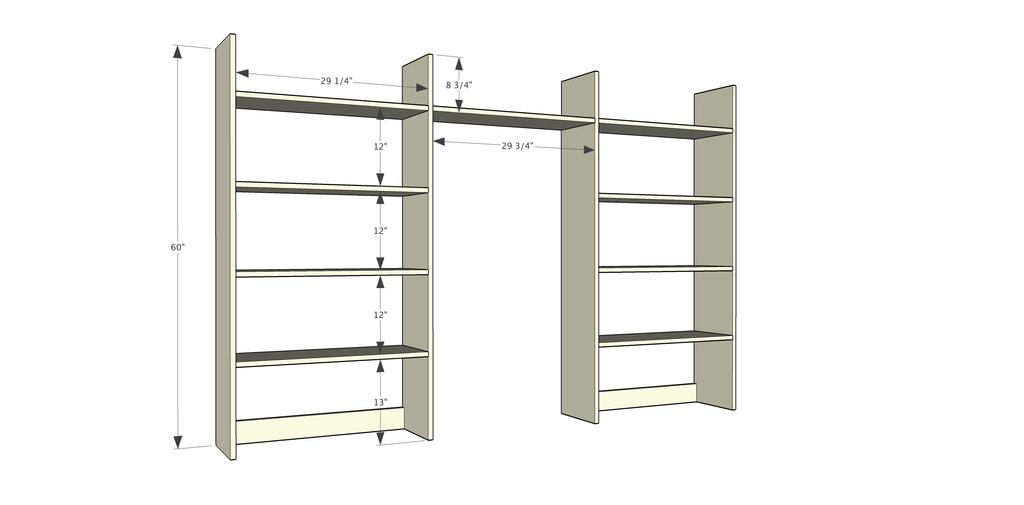 [40] Drill 3/4" pocket holes on all shelf boards. Attach to the uprights with 1-1/4" pocket hole screws.