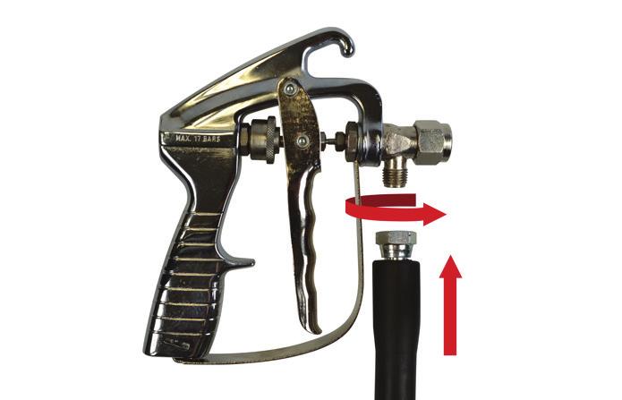 Screw the smaller hose nut to the canister (clockwise) and fully tighten with a spanner. Check the hose is securely attached.