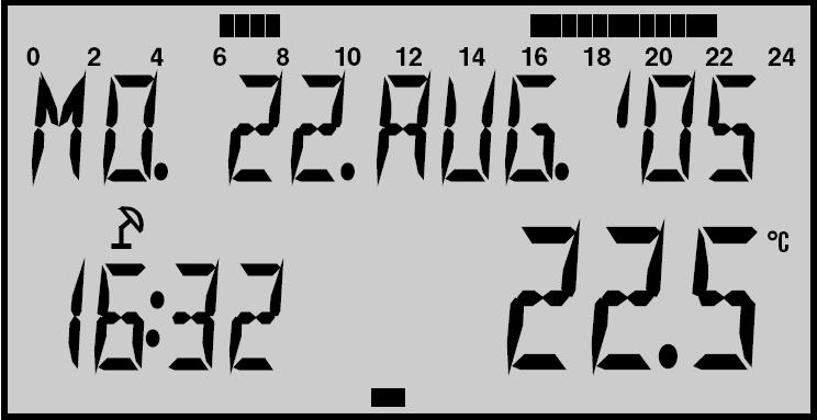 RS100 Display Overview RS100 Normal Operation Display Current heating mode =daytime heating mode =nighttime (setback) heating mode 24 hour clock with status bar indicating operating times during