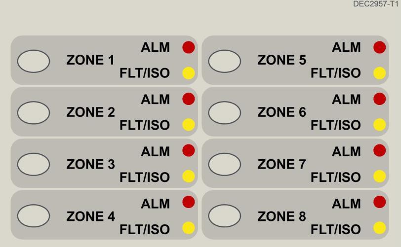 1 2 3 4 FIREFINDER PLUS (AUST) 12.7 Zone Disable and Indicator Module This module (BRD25GIB-F) has 8 switch and dual LED groups. Each group can be associated to a single Zone.