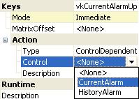 18: Selecting the alarm list After the alarm list is selected, the "Action" property appears, showing the possible actions for the control.