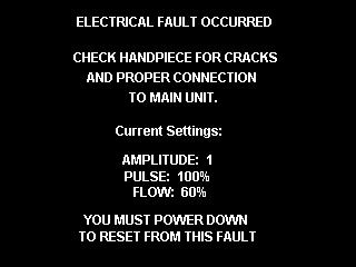 Electrical Fault Alert Alert Type Alert Screen Alert Action Electrical Fault Displays Electrical Fault Screen. Triggers steady audible alarm. Permanently deactivates ultrasound and irrigation.