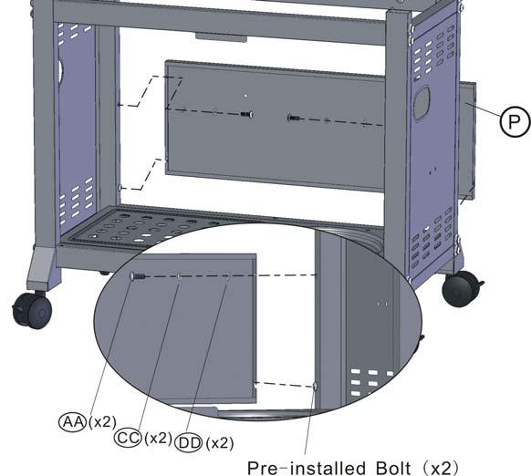 Step 3 (Cart Back Panel Assembly) a) Loosen the lower pre-installed bolt on the leg of left cart side panel and allow 1/4 bolt s length to extend from the leg.