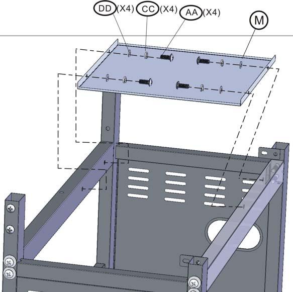c) Align the middle hole on the leg of left cart side panel with the hole on the cart back panel (P), then insert one bolt (AA) with one spring washer (CC) and one flat washer (DD) into each