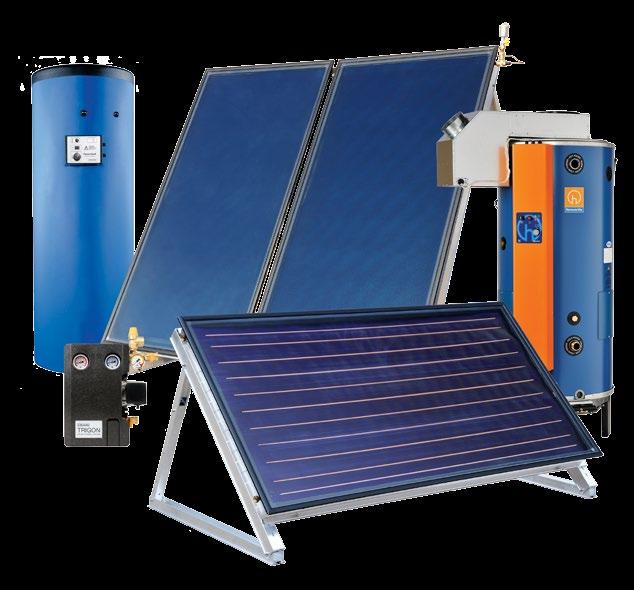 The Trigon solar system key components include: High performance flat plate collectors On-roof or A-frame modular collector mounting kits Solar transfer stations, each with solar pump and safety