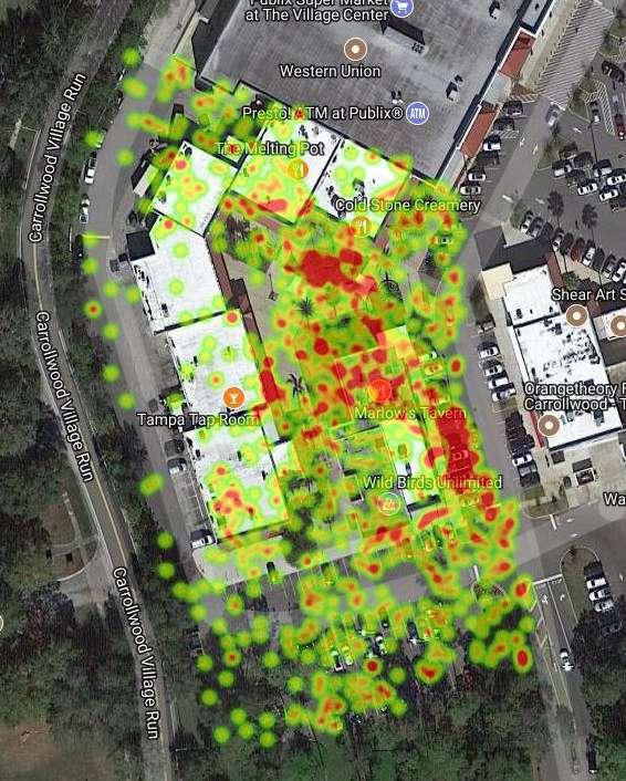 LEGEND High Traffic to Low Traffic The Courtyard OnSpot Analytics Results This heat map respresents the Southwest corner of Village Center.