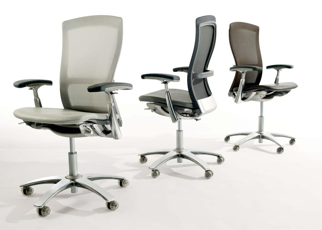 Life, shown here from left, with Zinc back suspension fabric (BSF) and Spinneybeck Sabrina leather, 870 Dove Grey, seat topper; Eclipse BSF and Spinneybeck Velluto Pelle, 505 Linoleum; and Java BSF