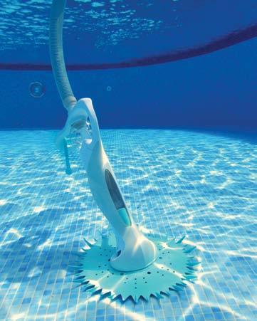 Debris is vacuumed up from underneath and through lateral openings that can collect suspended particles. An integrated handle facilitates carrying and lifting out of the pool.