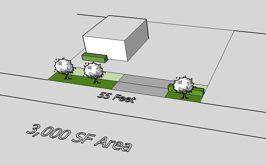Example: 3,000 SF Area = 3 Points Current Article X 4 site trees (minimum required) 2 street trees (minimum required) Soil area: 25 sf per large tree; 16 sf per small tree.