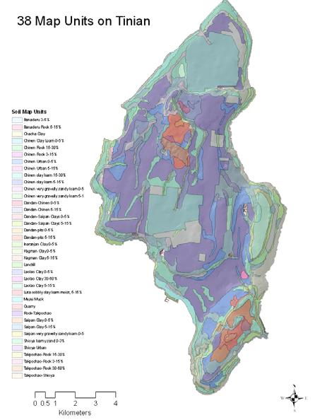 According to soil survey, the island of Tinian has 38 map units identified by a soil series name and different slope characteristics.