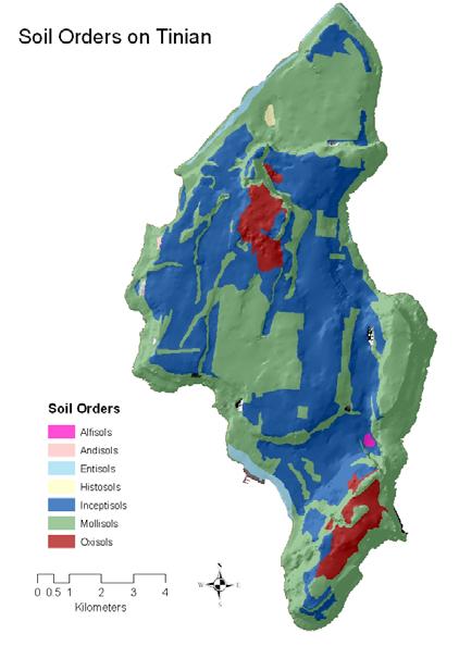 Soils on the island of Tinian are predominantly Mollisols and Inceptisols that formed on limestone.