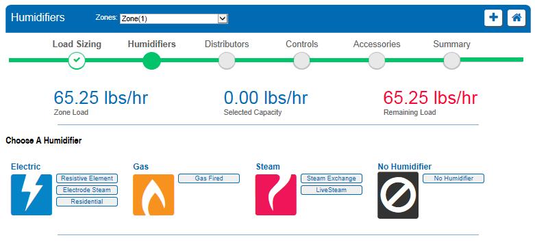 Humidifiers Tab The next step is to select a humidifier. Do this by clicking on the Humidifiers tab as shown in Figure 7: Humidifiers Tab or by selecting the Next button below Load Sizing.