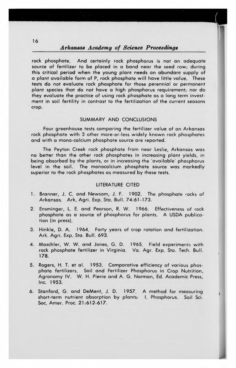 16 Journal of the Arkansas Academy of Science, Vol. 20 [1966], Art. 5 1 Arkansas Academy of Science Proceedings rock phosphate.