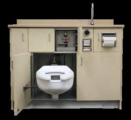 Each unit features a low flow, siphon jet, stainless steel toilet with an elongated bowl, integral flushing rim, and white hinged seat.