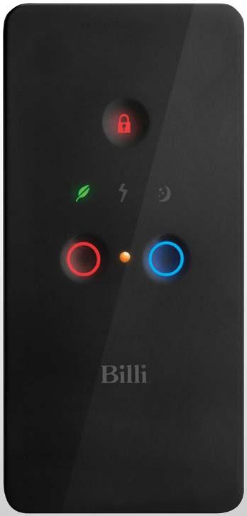 Billi Eco XR. Dispenser Icon Orange dot. Flashes when filter change due. On constant when overdue. lock illuminated. Safety button activated.