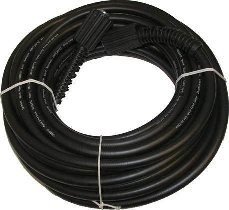 washer hose with M22 screw couplings and bend protectors. Max 3000psi and 140ºF.