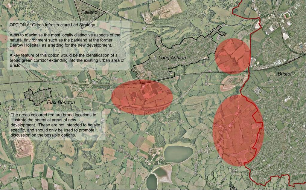 Option A: Green infrastructure led option 5.2 This option is based on a dispersed pattern of development and aims to maintain the existing landscape character surrounding the former Barrow Hospital.