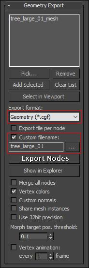 5. The static mesh will be added to the Geometry Export list, which you will want to make sure the.cgf extension for static objects is assigned.