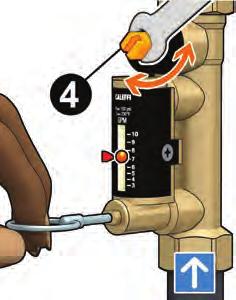 Use the operating ring (2) to open the by-pass valve slowly. This allows fluid to flow through the flow meter (3).