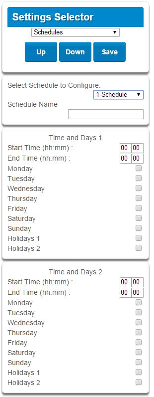 4.8 Programming Schedules Select Schedules from the drop down menu. With the Schedules screen selected you can create up to 16 schedules, each having four time and day periods.