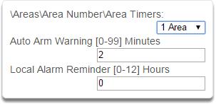 A r e a s S u b m e n u s 5 Area Timers Auto Arm Warning If the area type is Standard and Arm / Disarm is configured, this timer delays arming by the minutes entered.