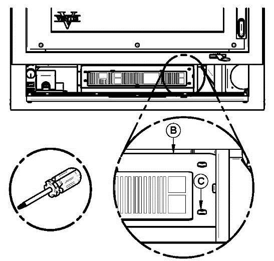 APPENDIX 2: BLOWER MAINTENANCE OR REPLACEMENT 1. Open the bottom louver (A). 2. With a short square head screwdriver, remove the 4 screws (C) holding in place the heat shield (B).