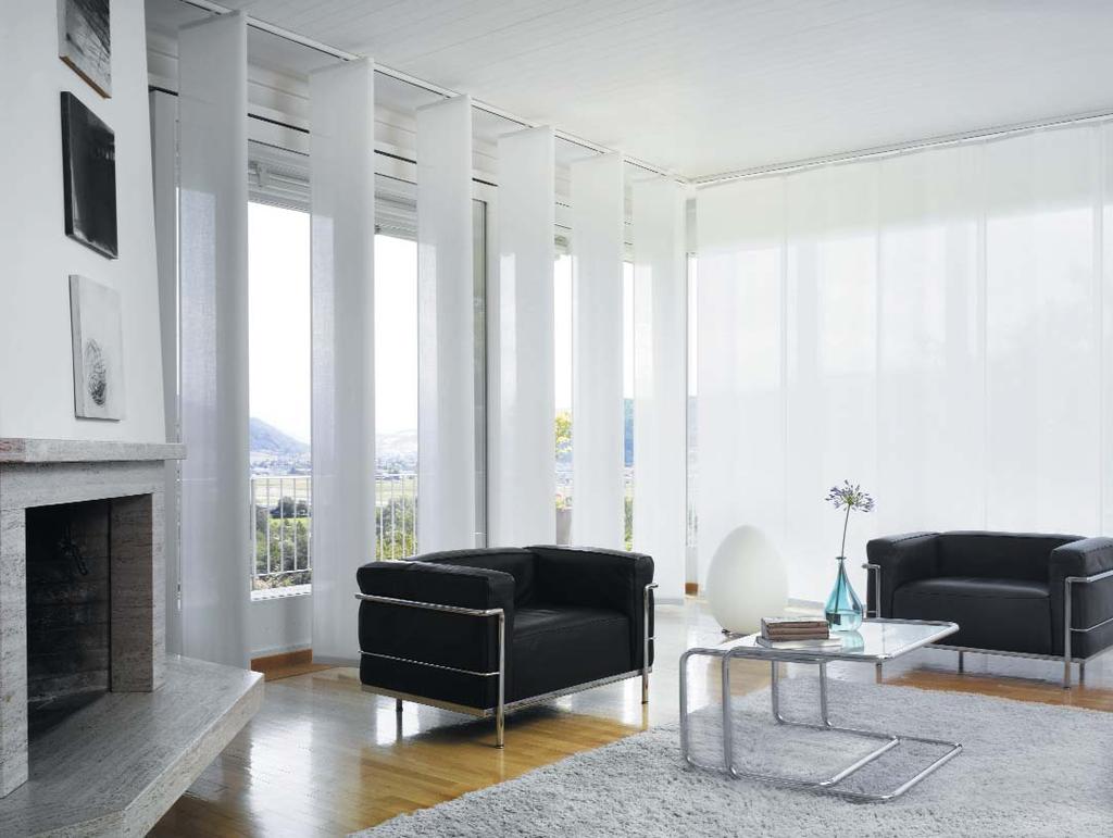 These folding panel fabric shades represent a new concept in window treatment technology.