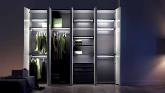 Interior compartments attached to perforated rail LED-illuminated shelves attached to perforated rail Interior drawers, pull-out linen drawers, linen racks, pull-out trouser racks and pull-out shoe