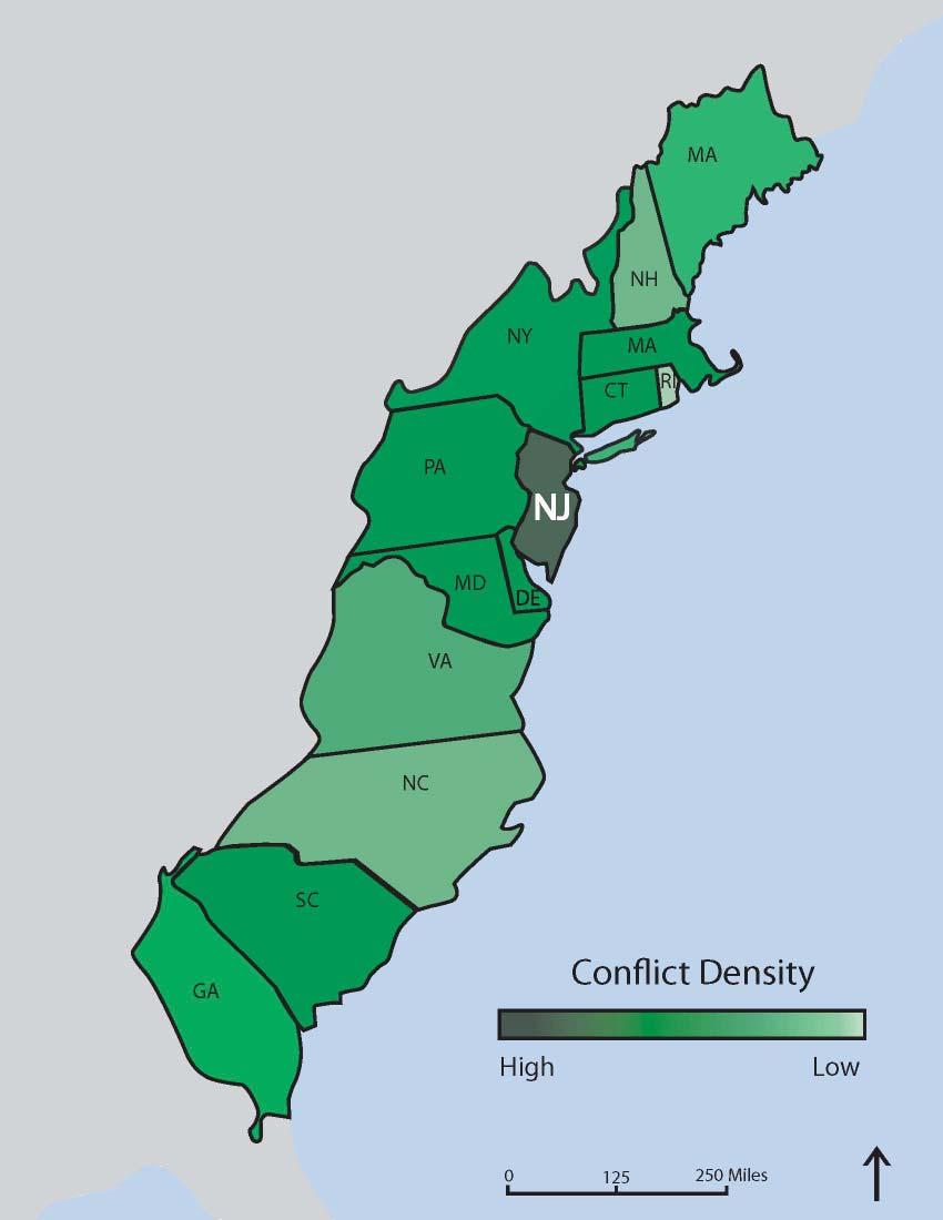 The 13 Original Colonies This map represents the number of confl icts that occured