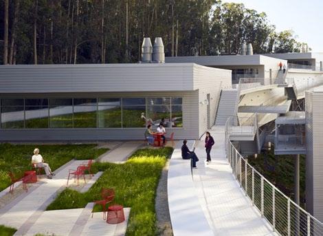 structure with green roof terraces and solar orientation.