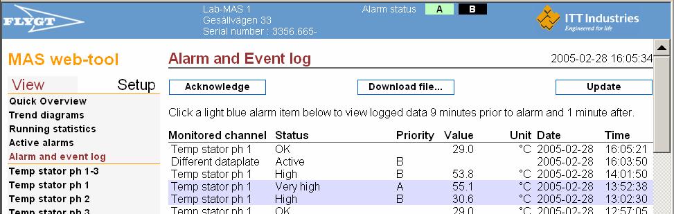 5. Alarm and event log > Click Alarm and event log to present a list of the latest pump alarms and other system events. 6.
