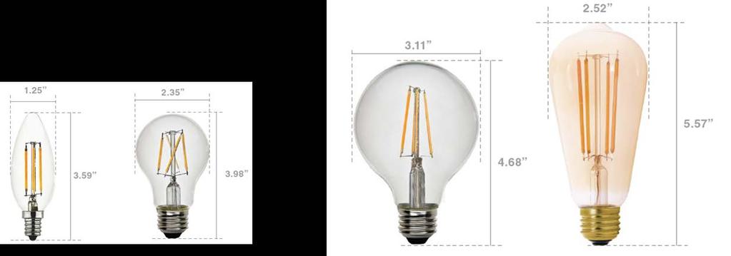 LED FILAMENT: A19, B10, ST19, G25 B10 A19 G25 ST19 T10 Item # Wattage CCT Lumens Replacement F7G25DLED27/G2 7.5 2700K 800 60W Inc.
