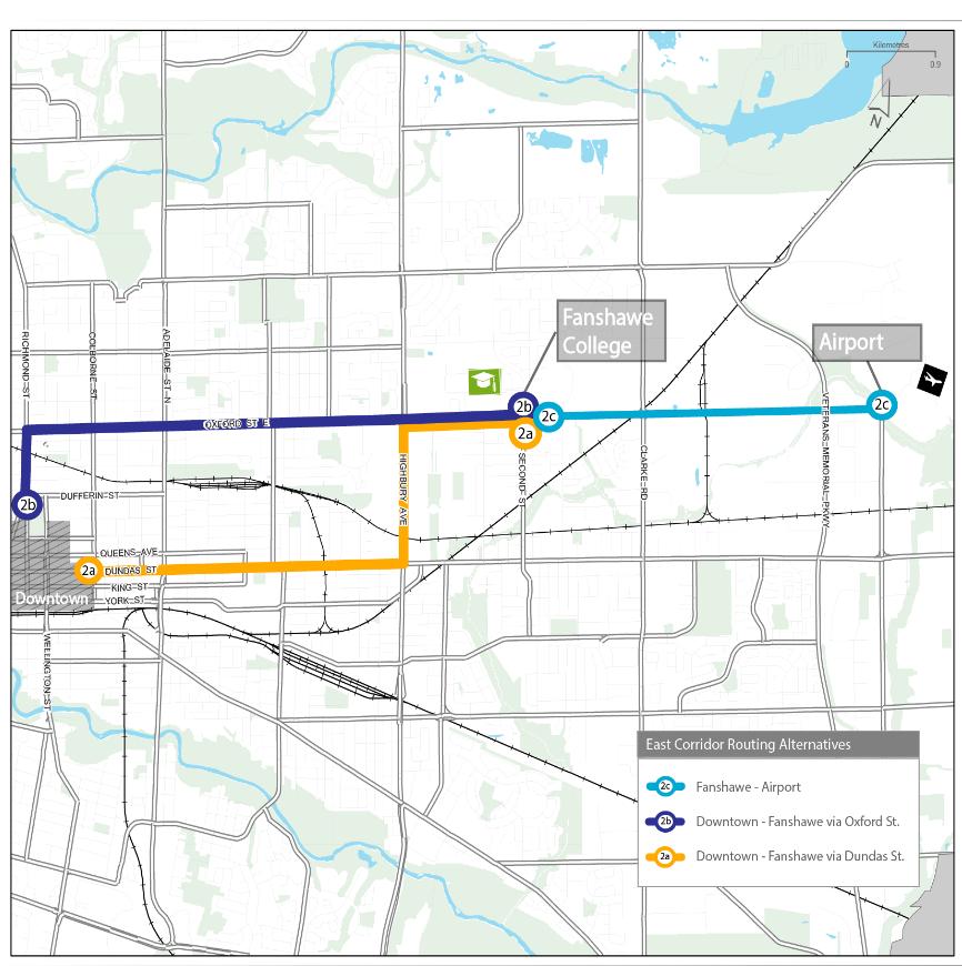 East Corridor Alternatives Options 3) Dundas Street, 6) Oxford Street, and 7) Oxford Street from Fanshawe College to the Airport were carried forward from the long-list evaluation, as Options 2a, 2b,