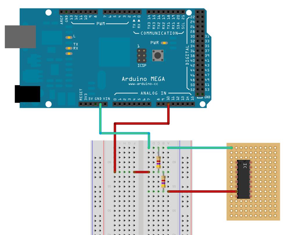 By Mikael Johansson, The ground (GND) and analog input 0 (A0) pin is used on the Arduino. On the smoke alarm the IC (BL59S10) I/O pin (number 7) and ground is used. Figure 2 - Breadboard view.