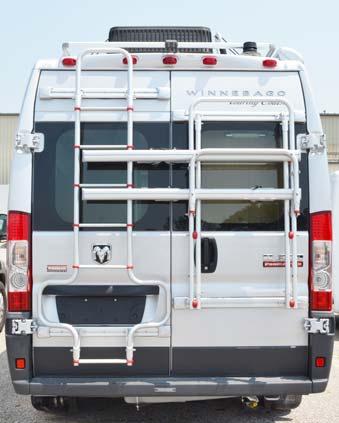 (shown in down position) LADDER WITH LUGGAGE RACK If Equipped Your coach may be supplied with a Ladder mounted on the rear driver side door and a Luggage Rack mounted
