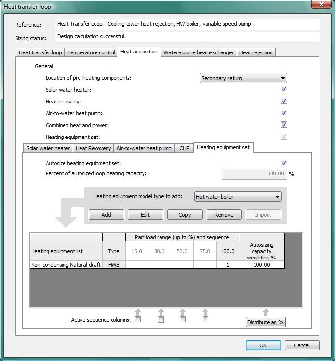 Figure 3-41: Heat acquisition tab on Heat transfer loop dialog (shown with the Heating equipment set