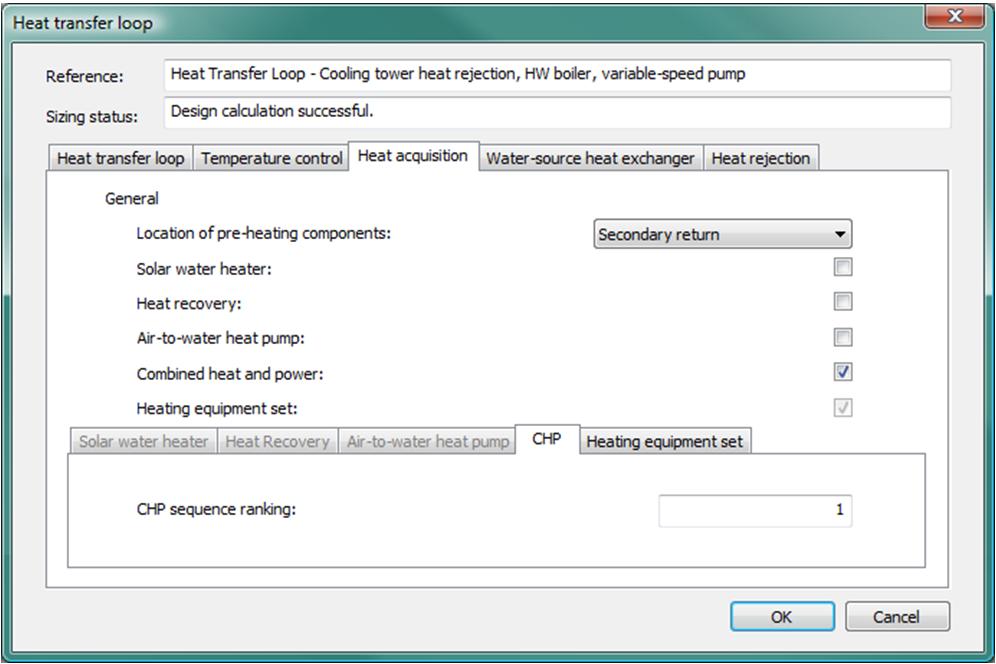Figure 3-47: Heat acquisition tab on Heat transfer loop dialog (shown with the CHP sub-tab selected). 3.7.16.