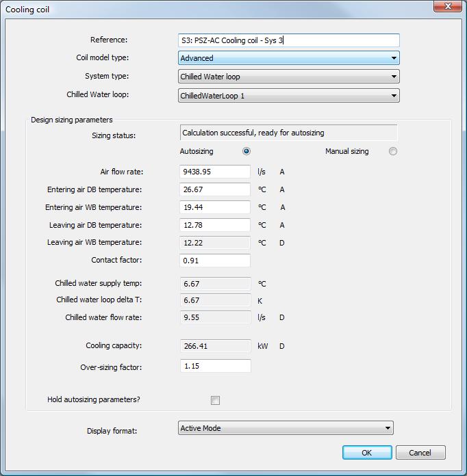 Figure 4-11: Advanced model cooling coil dialog: Autosizing mode (note that the display format setting at the bottom of the dialog