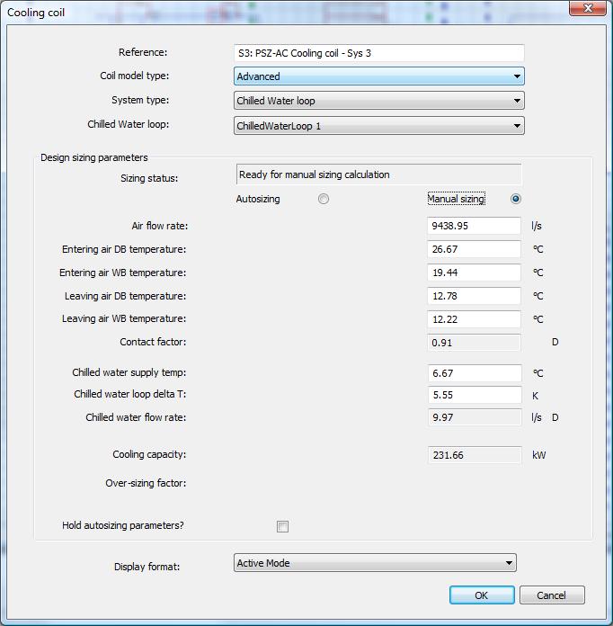 Figure 4-12: Advanced model cooling coil dialog: Manual sizing mode (note that the display format setting at the bottom of the dialog allows for both modes to be shown at once, if desired).