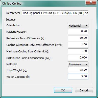 Figure 5-7: Editing dialog with for pre-defined scalable (1-kW unit) overhead radiant cooling panel (the 1- kw capacity is matched at conditions in the Reference with the pre-defined scalable 4-kW